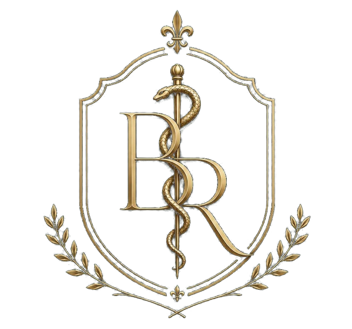 Bespoke Rounds crest — a gold BR monogram entwined with the Rod of Asclepius, framed by laurel